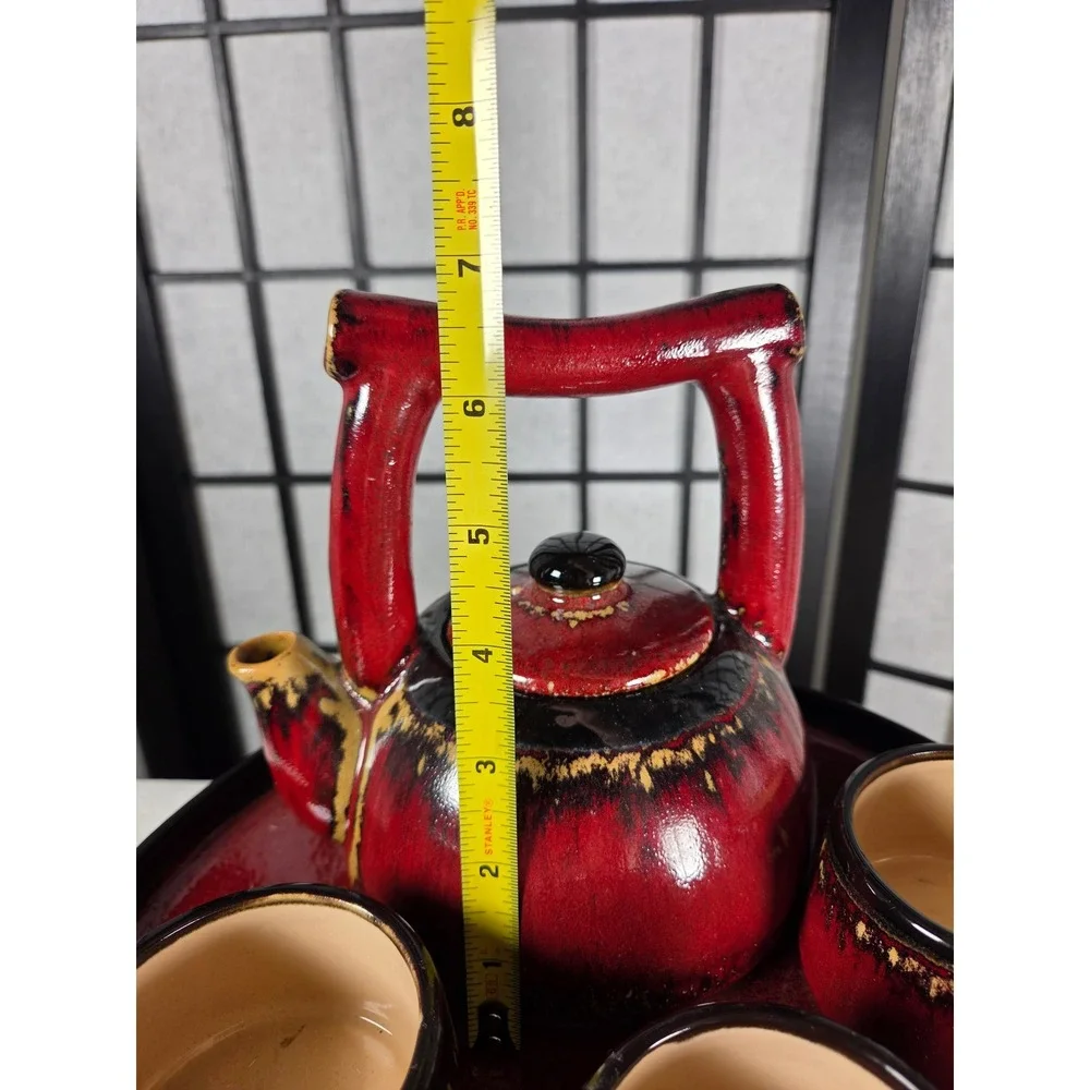 Pier 1 Shanghai Tea Set Red Black Reactive Glaze Earthenware 5 Piece Set